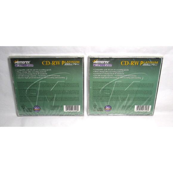 Memorex CD-RW Platinum 650MB 74min Vintage Blank Media Lot of 2 Rewritable - Picture 2 of 2